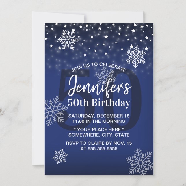 Invitación Invierno Copos de Nieve Royal Blue 50 cumpleaños (Anverso)