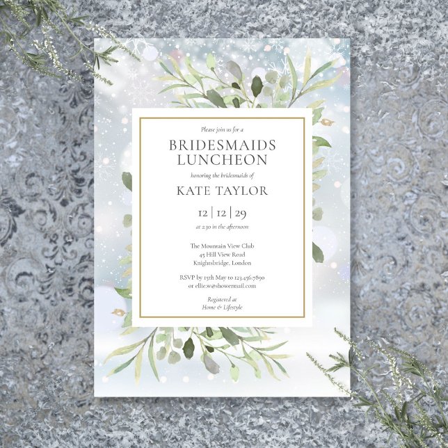 Invitación Invierno Copos de Nieve Verdor Bridesmaids Luncheo (Winter Snowflakes Greenery Bridesmaids Luncheon Invitation)