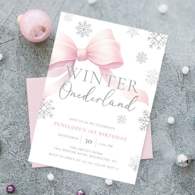 Invitación Invierno de Bow Rosado Onederland Snowflake Primer (Subido por el creador)