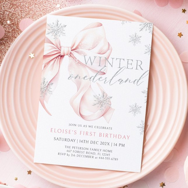 Invitación Invierno de Bow Rosado Purpurina de Onederland Pri (Subido por el creador)