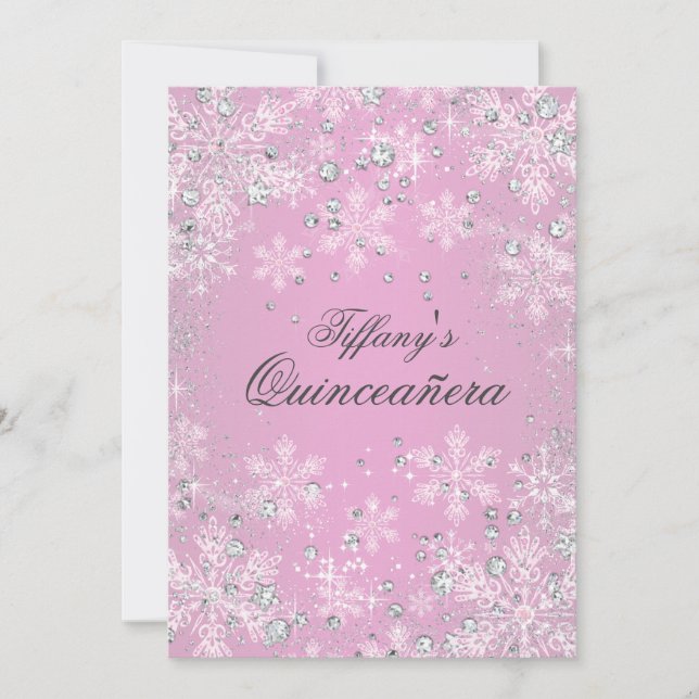 Invitación Invierno de copo de nieve rosa Wonderland Quincean (Anverso)