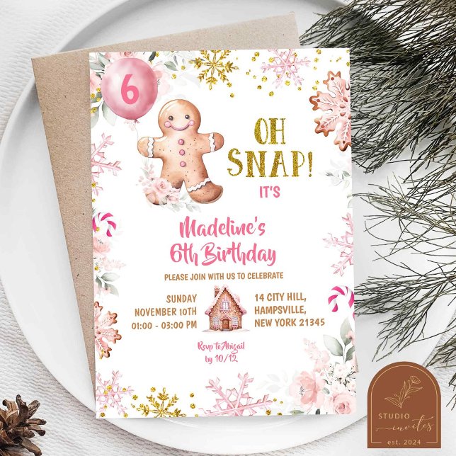Invitación Invierno de flores rosadas Gingerbread Chica de cu (Subido por el creador)