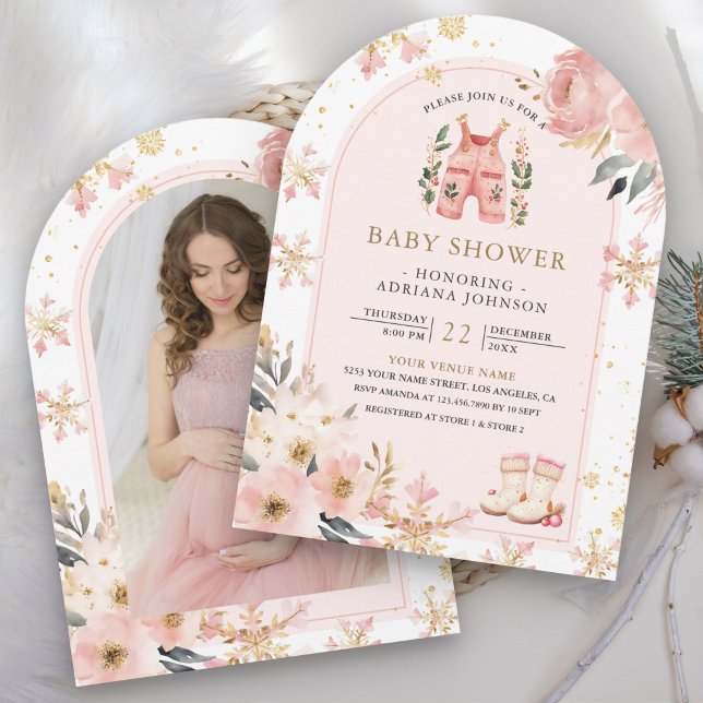 Invitación Invierno de flores rosadas Wonderland Foto Baby Sh (Subido por el creador)