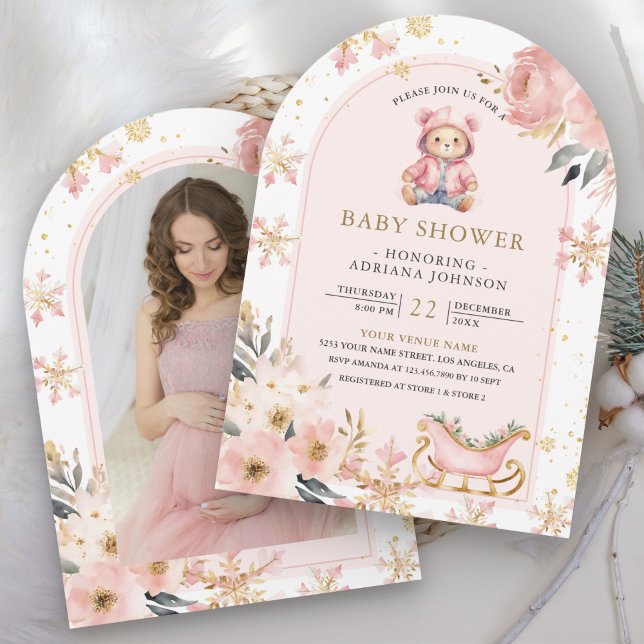 Invitación Invierno de flores rosas Teddy Bear Foto Baby Show (Subido por el creador)