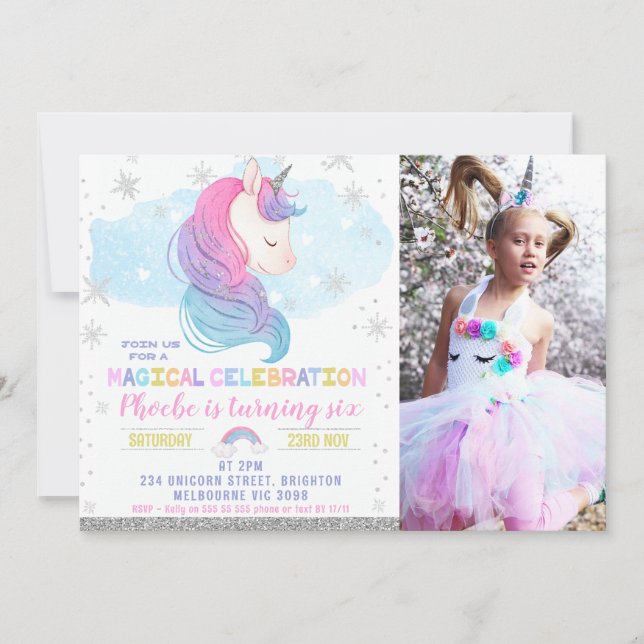 Invitación Invierno de fotos Unicorn Rainbow Birday (Anverso)