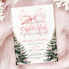 Invitación Invierno de guiño rosado Chica Onerderland Primer 