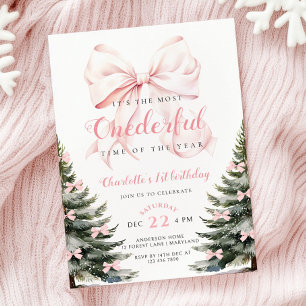 Invitación Invierno de guiño rosado Chica Onerderland Primer 