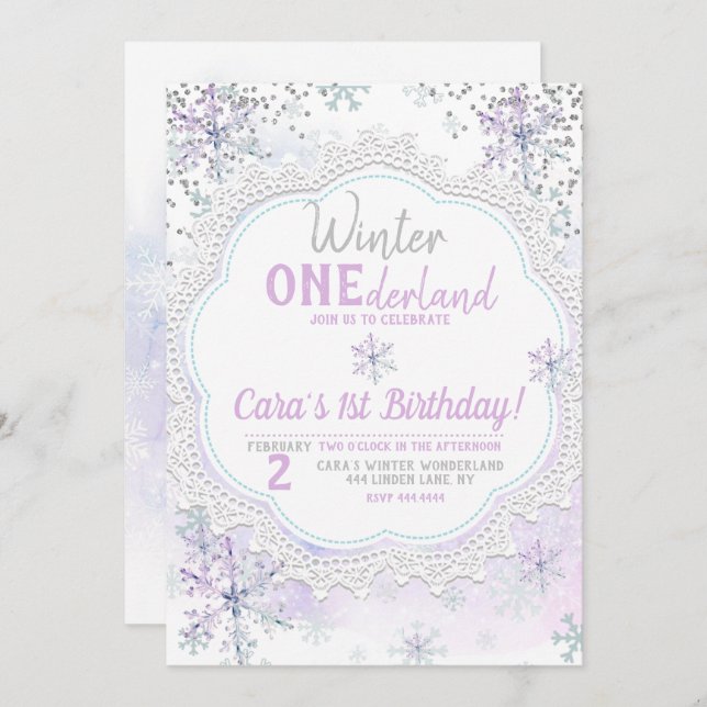 Invitación Invierno de Lavender Onederland Primer cumpleaños (Anverso / Reverso)