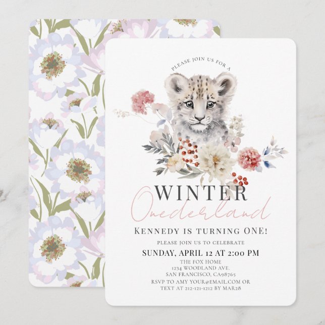 Invitación Invierno de Leopardo de las Nieves Chica de Oneder (Anverso / Reverso)