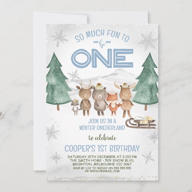 Invitación Invierno de los animales de Woodland Cumpleaños de (Anverso)
