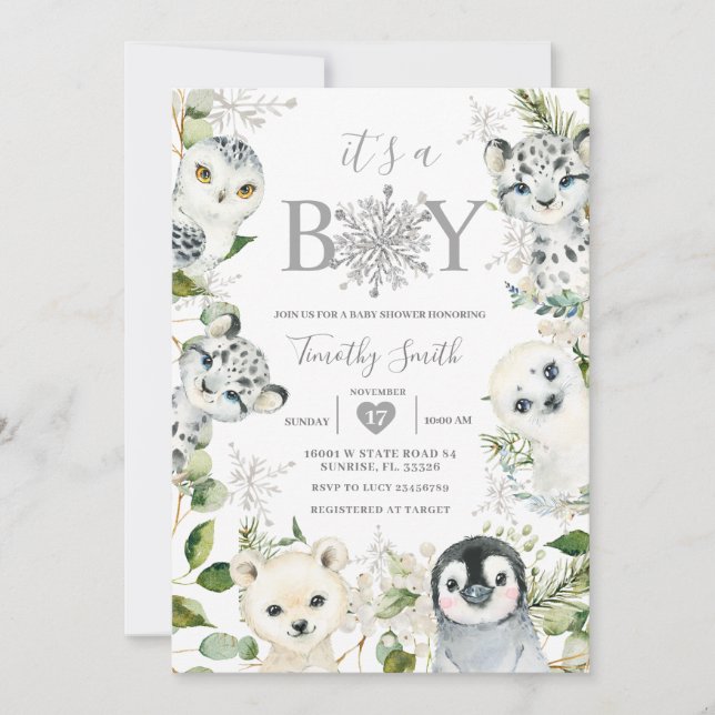 Invitación Invierno de los animales del Ártico: Baby Shower c (Anverso)