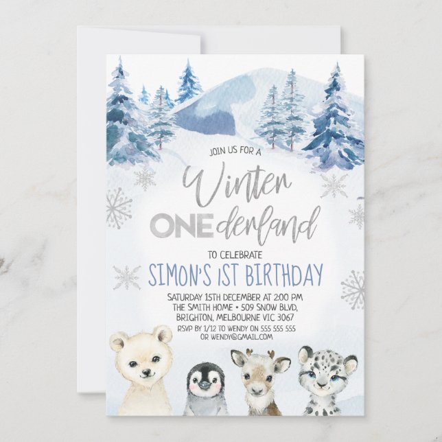 Invitación Invierno de los animales del Ártico de Plata (Anverso)