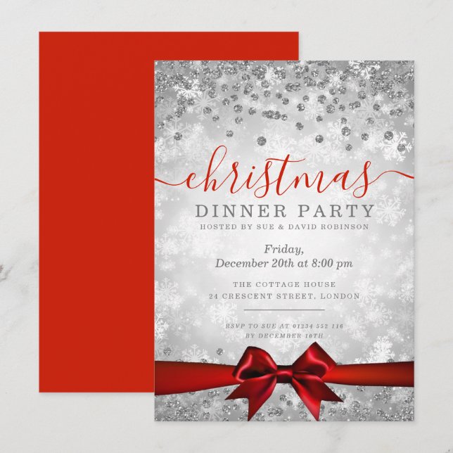 Invitación Invierno de los Navidades rojos modernos y platead (Anverso / Reverso)