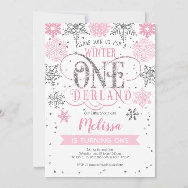 Invitación Invierno de Onederland 1er cumpleaños, plata rosa (Anverso)