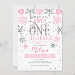 Invitación Invierno de Onederland 1er cumpleaños, plata rosa