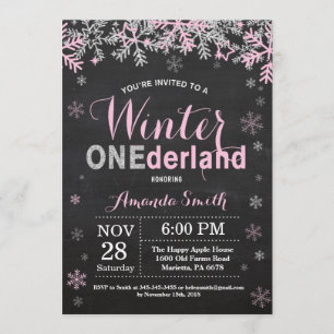Invitación Invierno de Onederland Chica Plata Rosa Primer cum