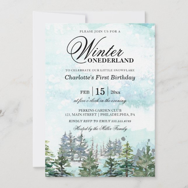 Invitación Invierno de Onederland nevado primer cumpleaños (Anverso)