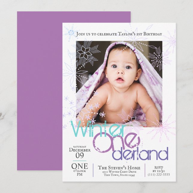 Invitación Invierno de Onederland Nieva el primer cumpleaños  (Anverso / Reverso)