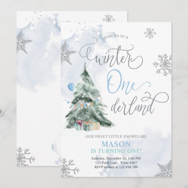 Invitación Invierno de Onederland Niño Azul Primer cumpleaños (Anverso / Reverso)