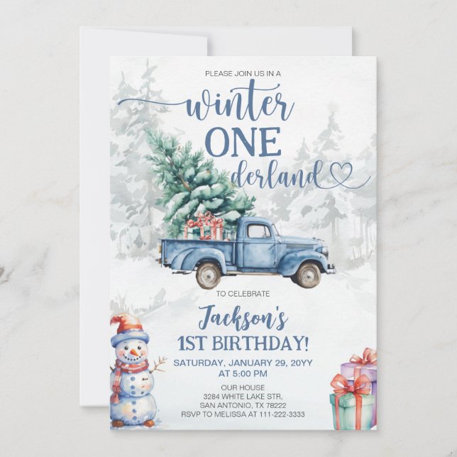 Invitación Invierno de Onederland Primer cumpleaños (Anverso)