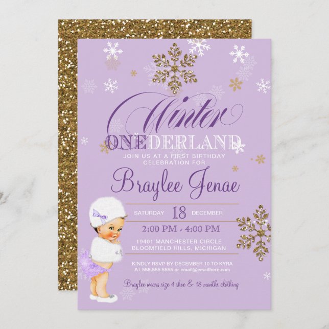 Invitación Invierno de Onederland Primer cumpleaños Brunette  (Anverso / Reverso)