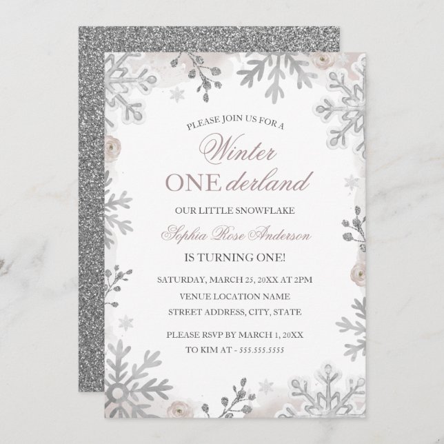 Invitación Invierno de Onederland Primer Cumpleaños Silver Sn (Anverso / Reverso)