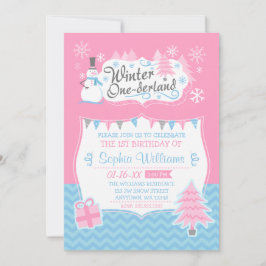 Invitación Invierno de Onederland Snowman Pink Blue Primer cu