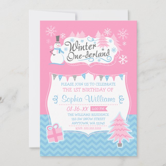 Invitación Invierno de Onederland Snowman Pink Blue Primer cu (Anverso)