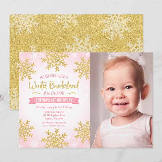 Invitación Invierno de Oro Rosa Onederland Foto de primer cum (Anverso / Reverso)