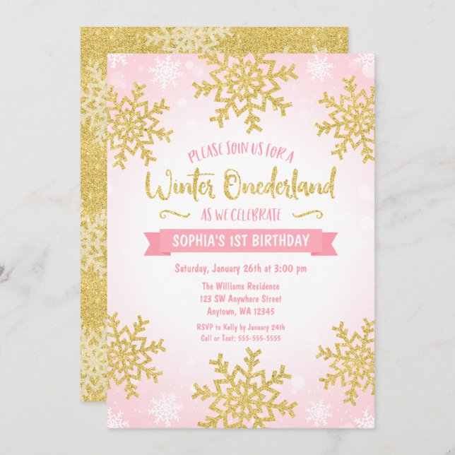 Invitación Invierno de Oro Rosado ONEderland Primer cumpleaño (Anverso / Reverso)