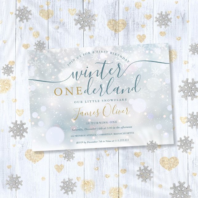 Invitación Invierno De Oro Y Azul De Primer Cumpleaños (Winter Onederland 1st Birthday Blue And Gold Invitation)