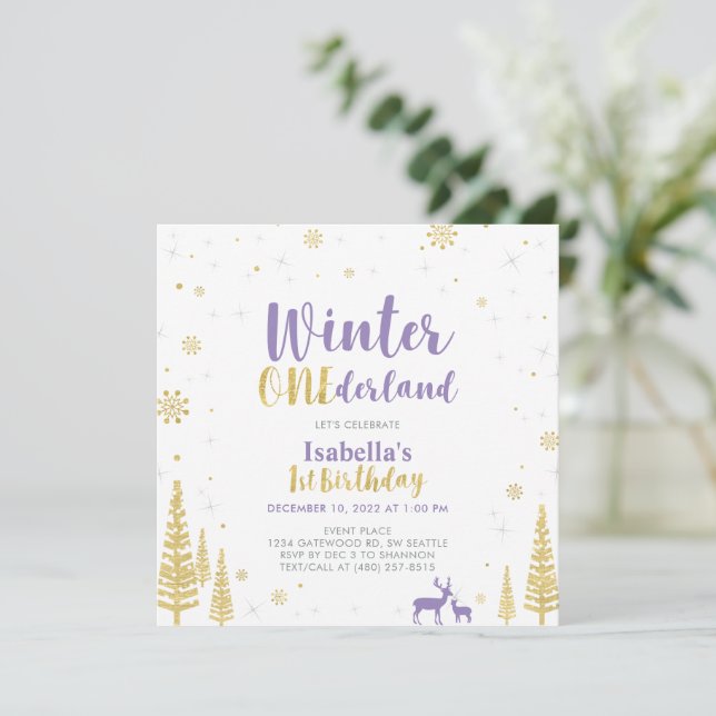 Invitación Invierno de Oro y Púrpura Terrania Primer Cumpleañ (Anverso de pie)