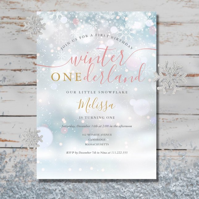 Invitación Invierno De Oro Y Rosa De Primer Cumpleaños De Omá (Subido por el creador)