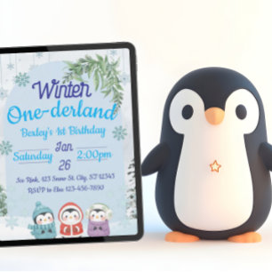 Invitación Invierno de Pingüino One-derland Primer cumpleaños