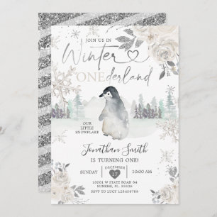 Invitación Invierno de Pingüino Onederland Snowflake Primer c