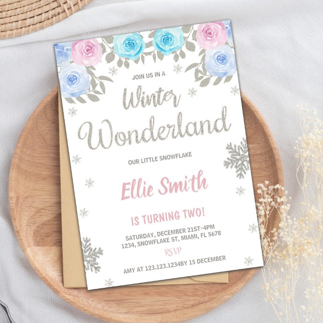 Invitación Invierno de Pink Purple Floral Wonderland Cumpleañ (Pink Purple Floral Winter Wonderland Birthday Invitation)