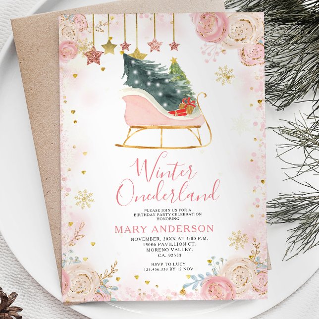 Invitación Invierno de Pink Sleigh Snowy Onederland 1er cumpl (Subido por el creador)