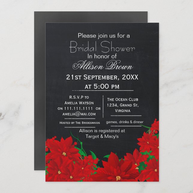 Invitación invierno de pizarra de tiras poinsettias Ducha de  (Anverso / Reverso)