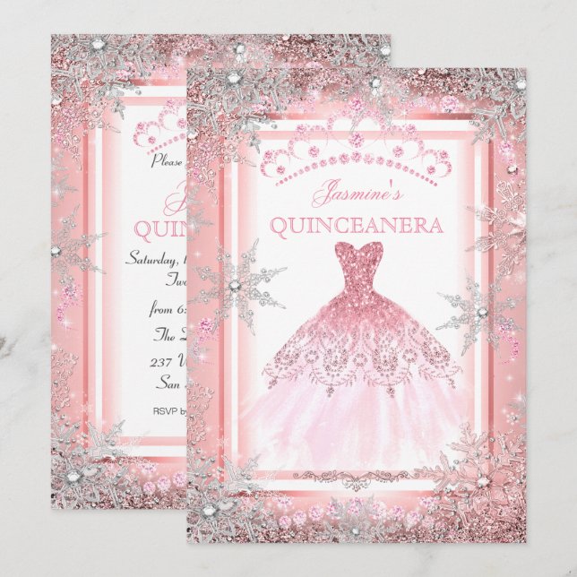 Invitación Invierno de plata rosa Wonderland Quinceanera Fies (Anverso / Reverso)