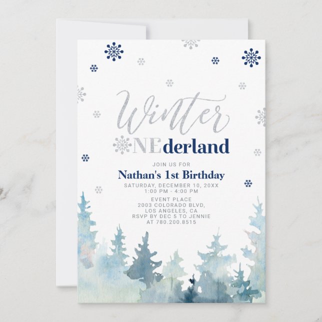 Invitación Invierno de plata y azul onederland fiesta de prim (Anverso)