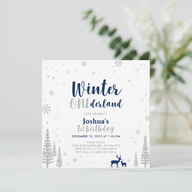 Invitación Invierno de plata y marina de Onederland Primer cu (Anverso de pie)