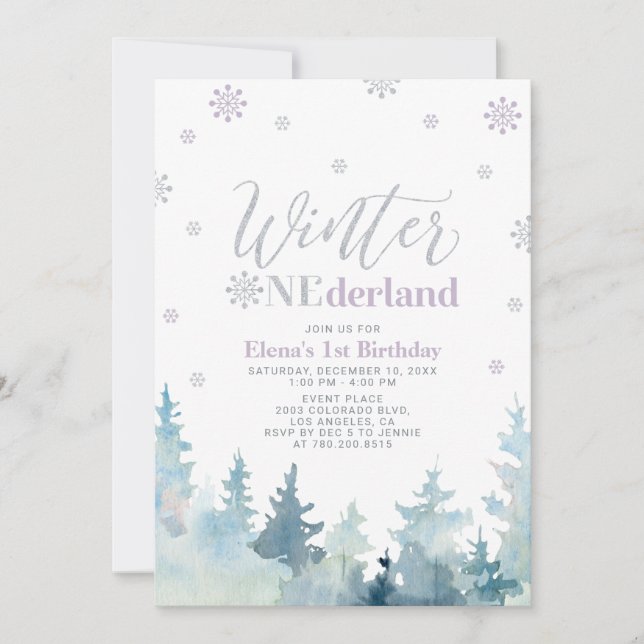 Invitación Invierno de plata y morado onederland 1º cumpleaño (Anverso)