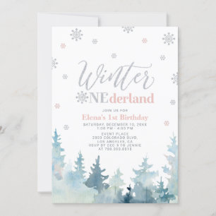 Invitación Invierno de plata y rosa onederland fiesta de prim