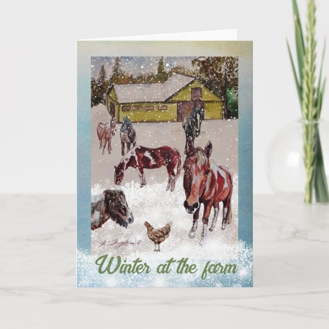 Invitación invierno en la granja suave turquesa y caballos (Anverso)