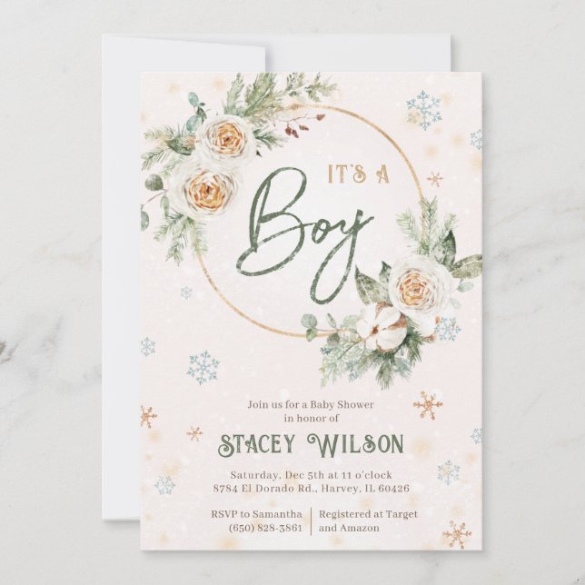 Invitación Invierno es un niño Baby Shower rociando oro verde (Anverso)