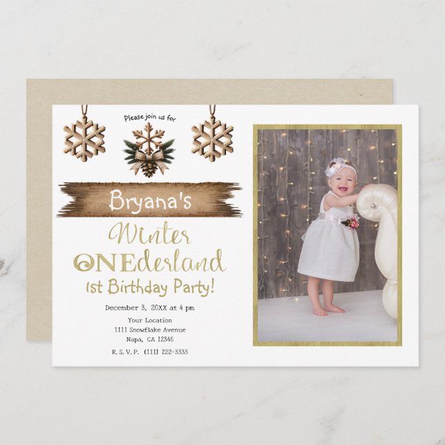 Invitación Invierno escandinavo ONE Derland 1 primer cumpleañ (Anverso / Reverso)