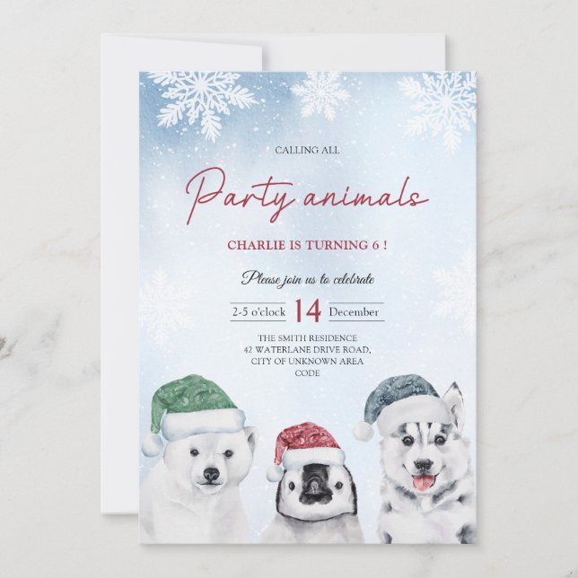 Invitación Invierno Fiesta Ártico Animales Niños Cumpleaños (Anverso)