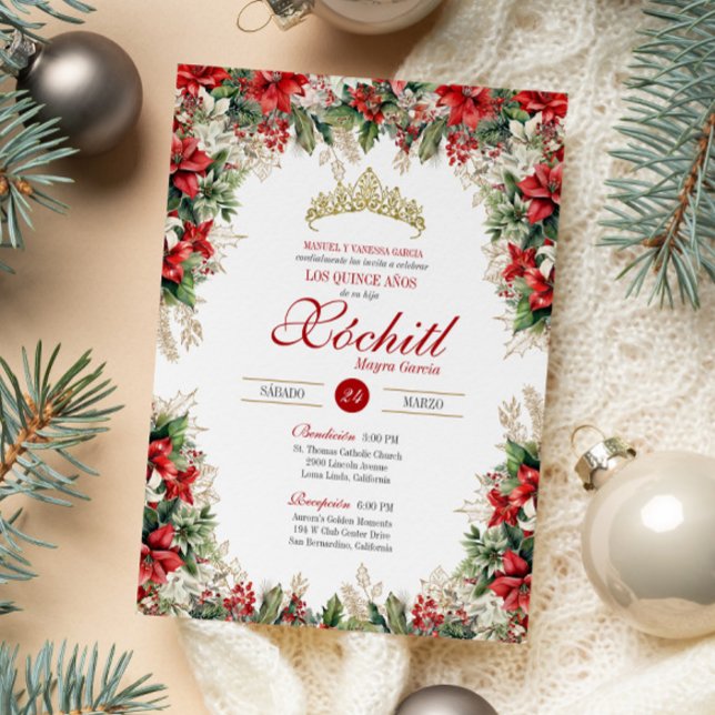 Invitación Invierno floral de vacaciones de oro blanco rojo Q (Subido por el creador)