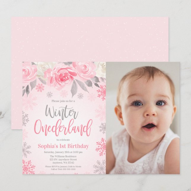 Invitación Invierno floral rosa Onederland foto cumpleaños (Anverso / Reverso)