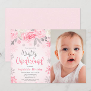 Invitación Invierno floral rosa Onederland foto cumpleaños